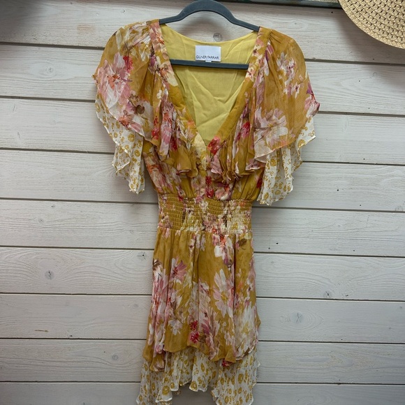 GLINER FARRAR Yellow Plunge Neck Flutter Sleeve Mini Dress Size Small - Picture 4 of 7